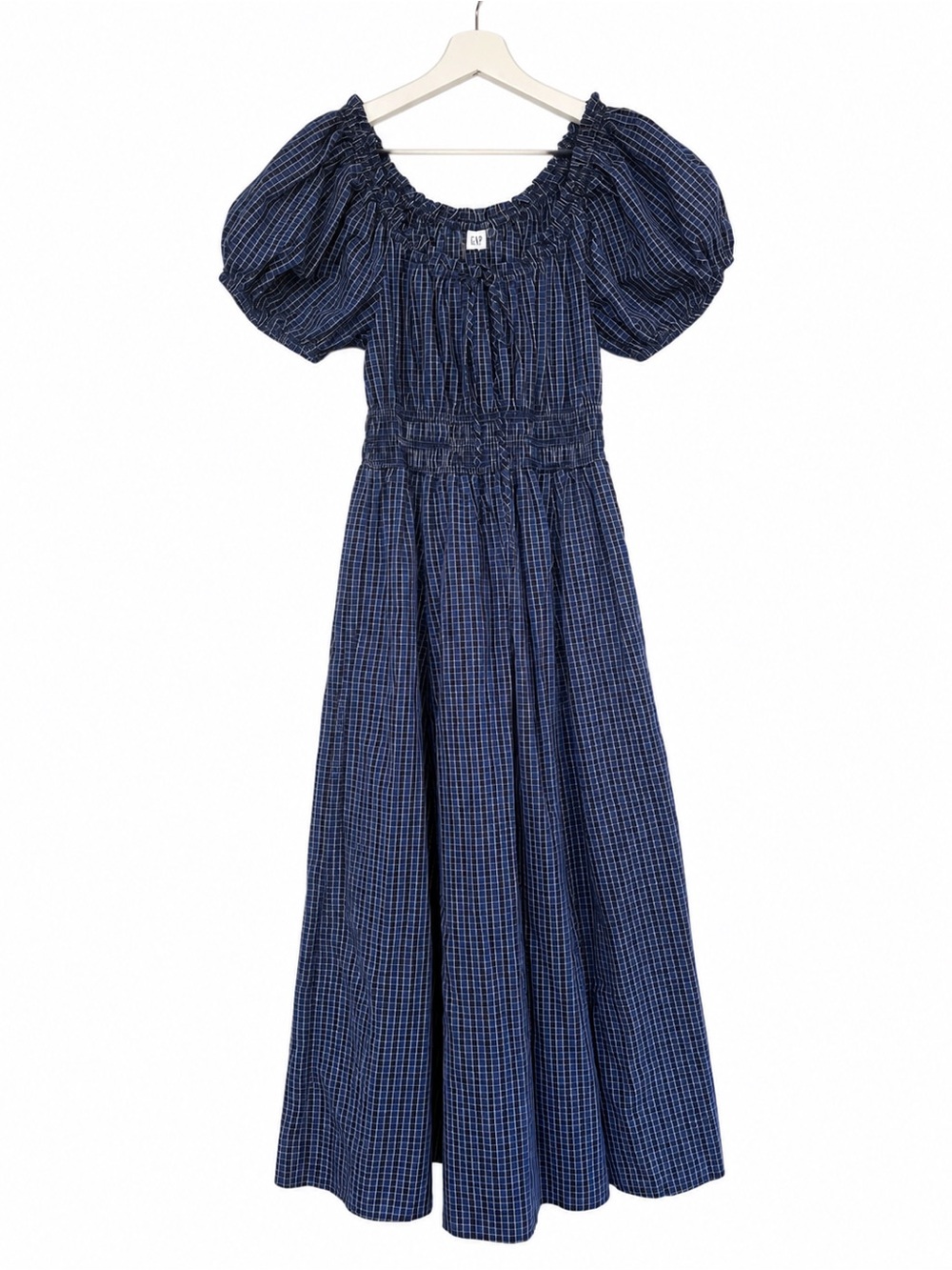 GAP Navy Plaid Smocked Puff Sleeve Cotton Maxi Dress – Size M